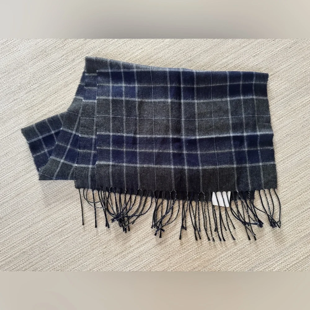 L’Accessorio Italiano blue gray plaid fringe warm‎ winter scarf men’s OS